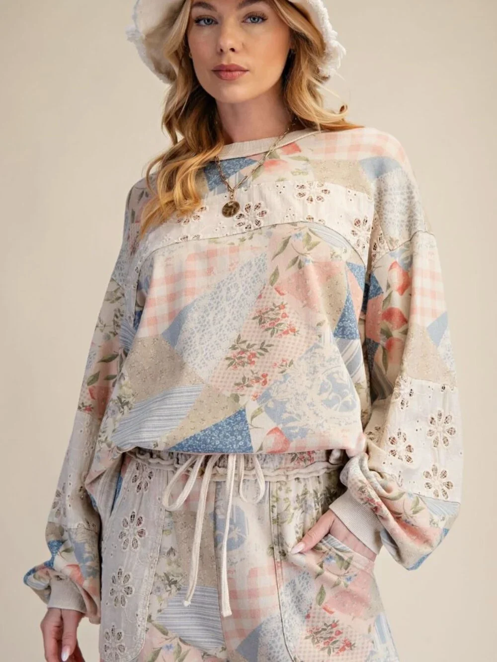EASEL PATCHWORK PRINT WASHED COTTON TERRY TOP PANTS SET white blue pink lounge - Picture 3 of 9